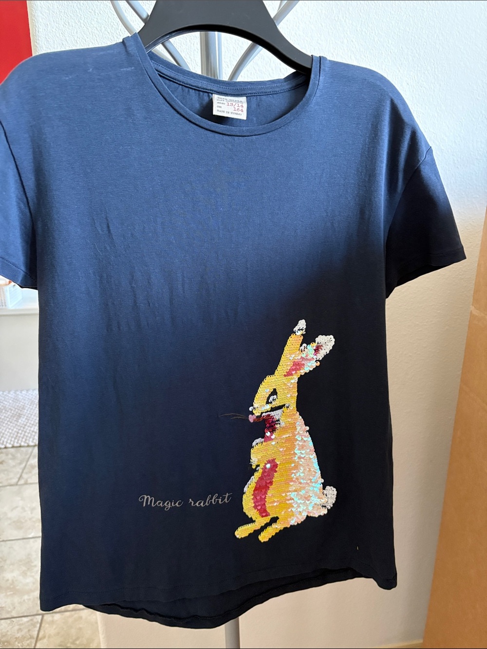 Navy Zara Tee with Sequin Magic Rabbit
